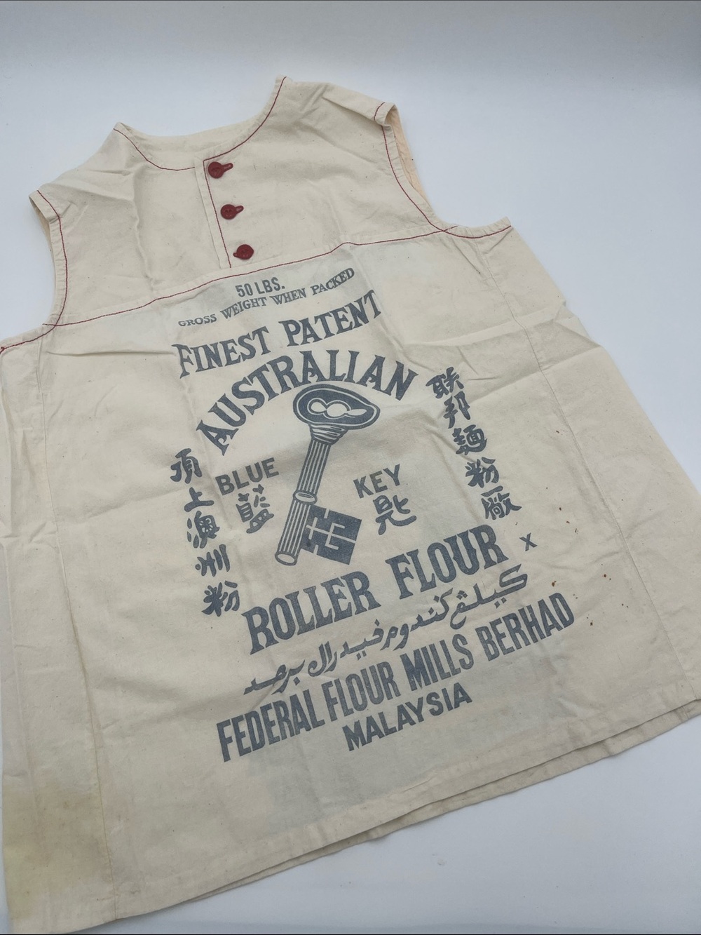 Upcycled Roller Flour Print Top in Cream with Blue Graphics